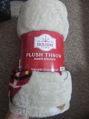 Holiday Time Cream Plush Throw Blanket with Red Accents